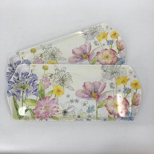 Tahari Home Melamine Serving Trays Rectangle Flowers Floral 15" x 6.5" Set Of 2